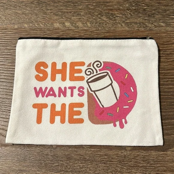 She Wants The D Dunkin Doughnuts Inspired Canvas Cosmetic Pouch Bag - Picture 2 of 3